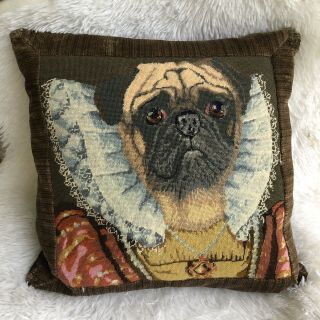 Needlepoint Pillow Pug Dog In Elizabethan Collar Dressed