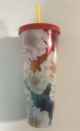 2019 Starbucks Cold Cup Floral Blue White Yellow Red Rainbow Tumbler 24 Fl