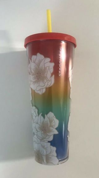 2019 STARBUCKS COLD CUP FLORAL BLUE WHITE YELLOW RED RAINBOW TUMBLER 24 fl 2