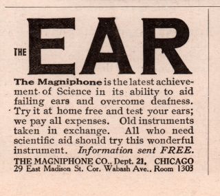 1918 B Ad Magniphone Co Deaf Hearing Aid Quack