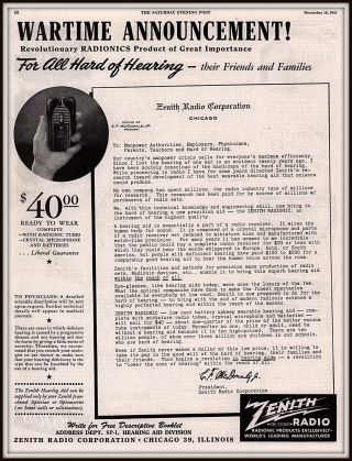 1943 Ad Wwii Zenith Radio Hearing Aid Radionics Letter To Doctors