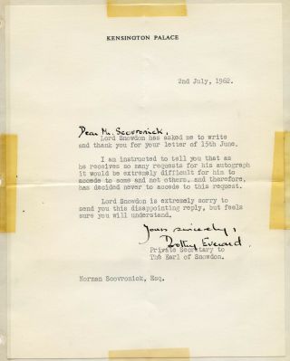 Gb Rejection Letter 1962 From Kensington Palace Asking For Snowdon 