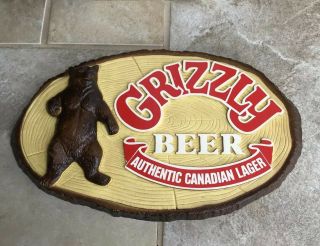 Vintage Grizzly Beer Authentic Canadian Lager Beer Sign 15x9” Embossed Plastic