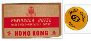 (2) Old Luggage Label Sticker Peninsula,  Hotel Central,  Kowloon Hong Kong Macau