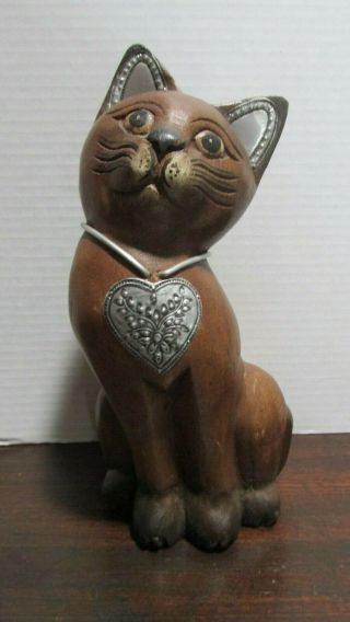Wonderful Hand Carved Wood Cat Tin Ears And Heart Necklace