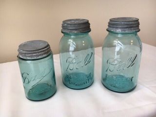Set Of 3 Vintage Ball Blue Mason Jars Zinc Lids 2 - Qt Perfect Mason,  1 - Pt Mason