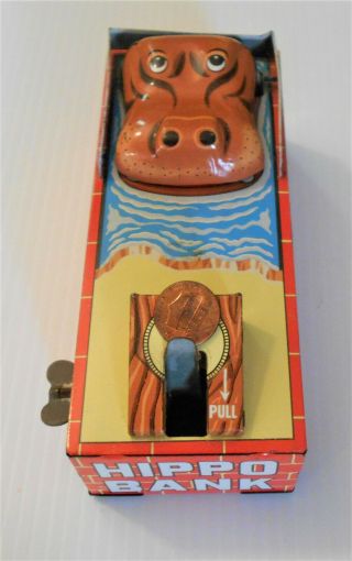 Happy Hippo Bank,  By Yone,  Japan,  Tin Toy Wind Up Bank Vintage 1960 