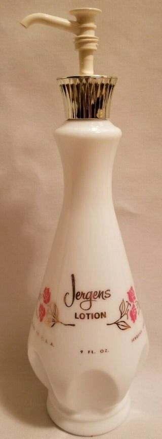 Vintage Jergens Lotion White Milk Glass Bottle Pink Flowers
