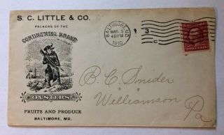 1910 Envelope S C Little Co Continental Brand Oyster Tin Can Packer Baltimore Md