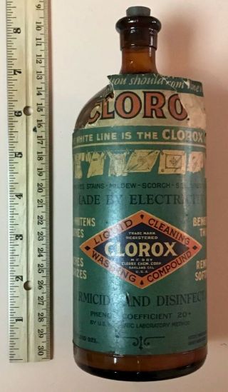 Vintage 7.  5” 1929 Clorox Bottle Brown Glass W/label - Stopper - Near Full