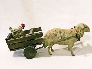 Marolin Antique Cart With Sheep & Chicken Germany Paper - Mâché Circa 1928