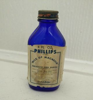 Vintage Cobalt Blue Glass Bottle Phillips Made In U.  S.  A.  Milk Of Magnesia
