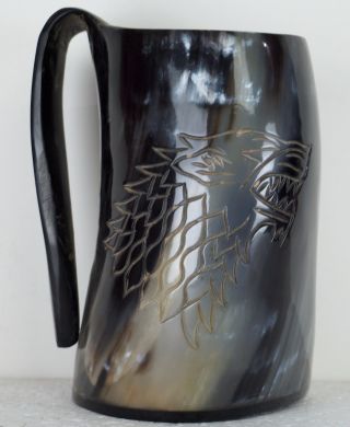 Natural Stark Sigil Wolf Viking Drinking Horn Mug Cup Beer Wine Mead Ale.