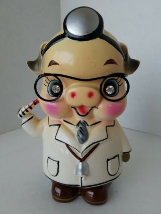 Vintage Ucagco Ceramics Japan Doctor Piggy Bank Rhinestone Eyes And Glasses