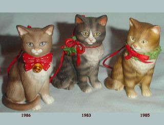 3 Cat Christmas Ornaments Gordon Frazier 1983 1985 1986 Schmid / 3 "