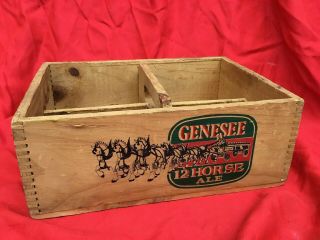 Vintage Genesee 12 Horse Ale Wood Crate Carry Box W/ Handle And Dovetail Corners