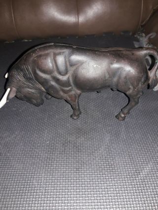 VINTAGE HEAVY CAST IRON BLACK BULL WITH HORNS / COW BANK / 2 PIECE COIN 5