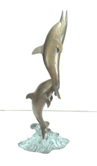 Large Bronze Copper Metal Jumping Dolphins Statue Ocean Waves Surf 21 " Tall