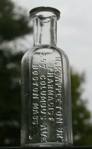 Antique H.  K.  Appleton Jr.  Pharmacist 1 Oz.  Bottle - 257 Columbus Ave,  Boston,  Mass.