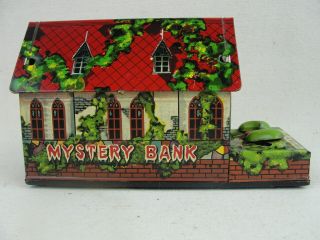 Vintage Haunted House Tin Wind Up Mystery Bank Halloween Spooky Hand