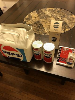 Vintage Pepsi Cola Collectibles.  Bag,  Can Radios,  Watch,  Can - Promotional 1970’s