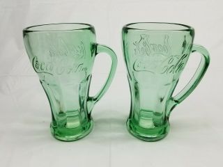 Set of 2 Coca - Cola Thick Glass Soda Mugs Glasses - Green - Libbey - Heavy Handle 2