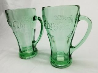 Set of 2 Coca - Cola Thick Glass Soda Mugs Glasses - Green - Libbey - Heavy Handle 3
