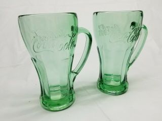 Set of 2 Coca - Cola Thick Glass Soda Mugs Glasses - Green - Libbey - Heavy Handle 4