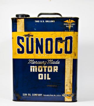 Vintage Sunoco Mercury Made Motor Oil 2 Gallon Can Service Station Garage Ad
