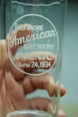 Vintage 1934 Baltimore American Brewery Picnic Draft Beer Glass