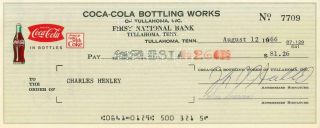 Vintage Coca - Cola Bottling Signed Check (nearly 50 Years Old)