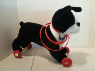 Vintage Stuffed Boston Terrier Dog Pull Toy On Wheels