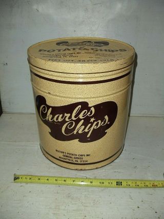 Old Vintage Large Charles Chips 3lb Potato Chip Tin Mountville Pa.  13 1/2” Tall
