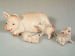Vintage Miniature Painted Bisque Animal Figurines Sow Piglets Germany? 18259