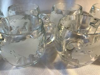 Vintage 8 NESTLE CO Nescafe Etched Glass World Globe Coffee Mugs Cups Clear 3
