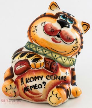 Lazy Cat Frm Cartoon Russian Collectible Gzhel Style Colorful Porcelain Figurine