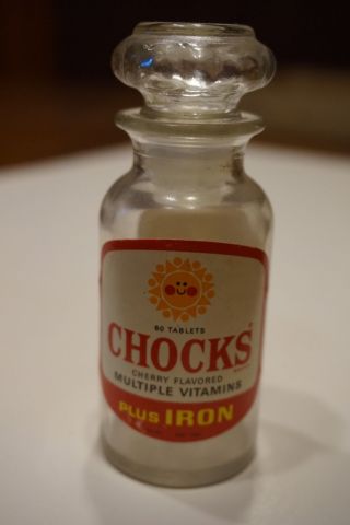 Vintage 1960s Chocks Vitamin Glass Container With Plunger Topper Pals