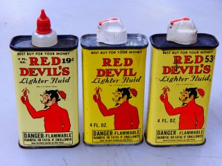 3 Old Red Devils 4 Oz Cigarette Lighter Fluid Cans,  Tin,  Can,  Tins,  19 Cents