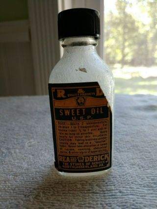 Empty Vintage Rea & Derick Sweet Oil Bottle With Cap And Label