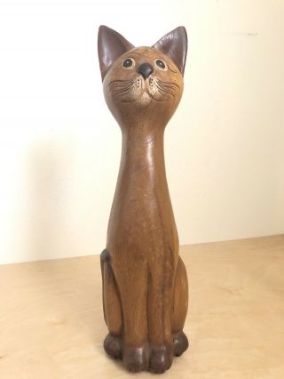 14.  5” Vintage Carved Wood Folk Art Cat Figure Painted Antique Teakwood