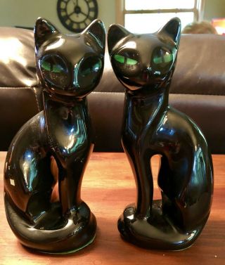 Vtg Pair Artmark Black Siamese Cat Green Eyes Ceramic Figure Made In Taiwan