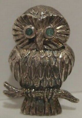 Darling Old Sterling Silver Screech Owl Pin W Tiny Green Stone Eyes 1 1/8 " 1960