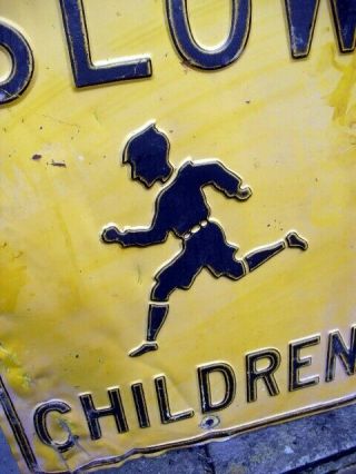 VINTAGE 1940 ' S SLOW CHILDREN AT PLAY SIGN 24 X 18 INCH OLD EMBOSSED METAL 3