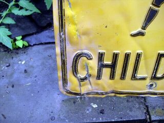 VINTAGE 1940 ' S SLOW CHILDREN AT PLAY SIGN 24 X 18 INCH OLD EMBOSSED METAL 4