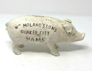 Vintage Cast Iron Hog Pig Bank Advertising Wm Molands Sons Quaker City Hams