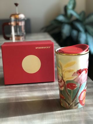 Rare Starbucks 2014 Floral Ceramic Traveler Tumbler Gold Rim Red Lid W Box