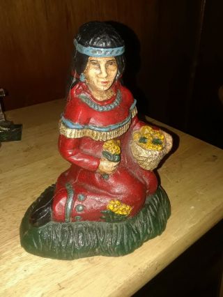 Vintage Cast Iron Hand Painted Native American Indian Woman Bank Circa 1940s