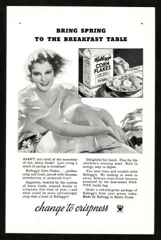 1920s Vintage Kelloggs Corn Flakes Pretty Lady Art Deco Kitchen Decor Print Ad