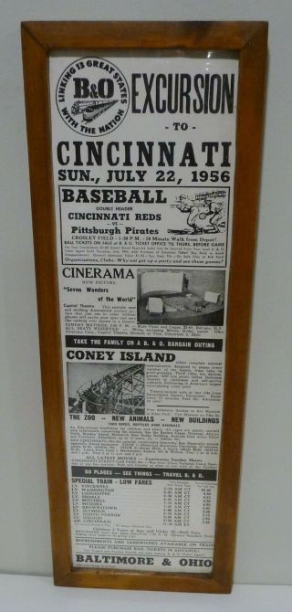 Rare Vintage 1956 Framed B&o Railroad Poster Sign Cincinnati Reds,  Coney Island