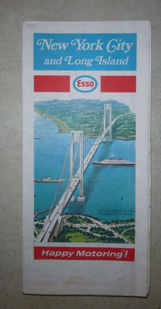 1971 York City Long Island Road Map Esso Oil Gas Verrazono Bridge Cover